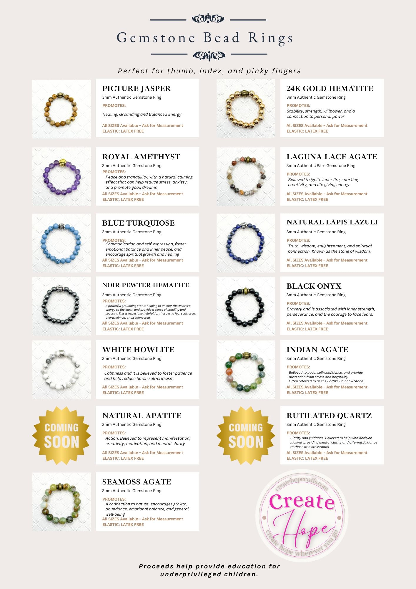 Gem RiNGs | 12 Beaded Options | Gemstone Finger and Toe Rings | 3mm Stone | Women Bracelets Create Hope Cuffs 