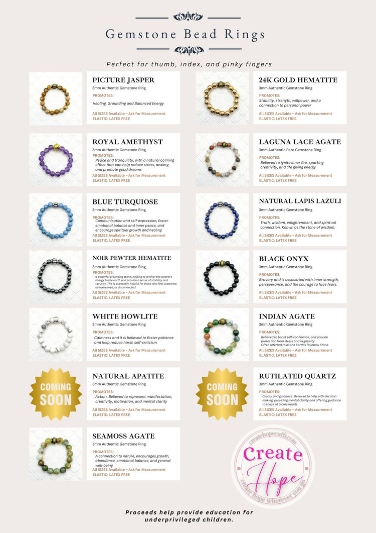 Gem RiNGs | 12 Beaded Options | Gemstone Finger and Toe Rings | 3mm Stone | Women Bracelets Create Hope Cuffs 