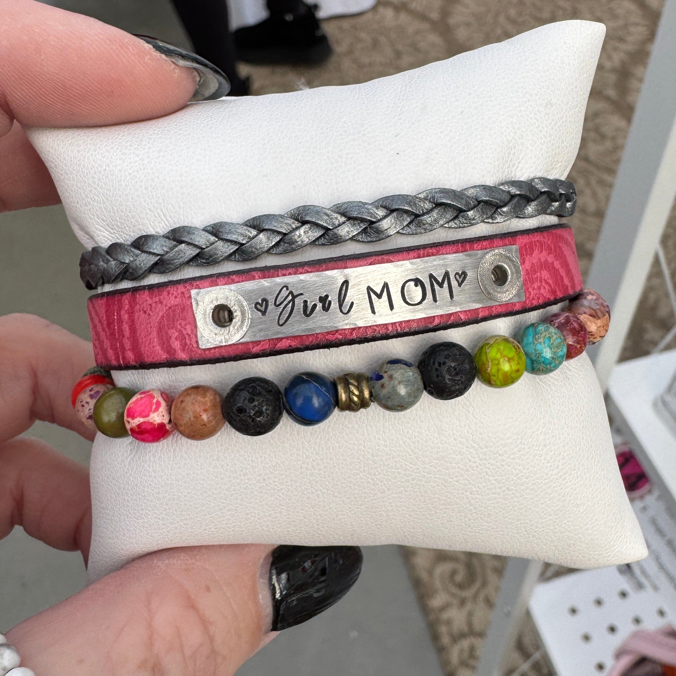 Girl MOM | Embossed Pink Leather Skinny Set | 3 pieces | Bracelets | Women Skinny Bracelets Create Hope Cuffs 