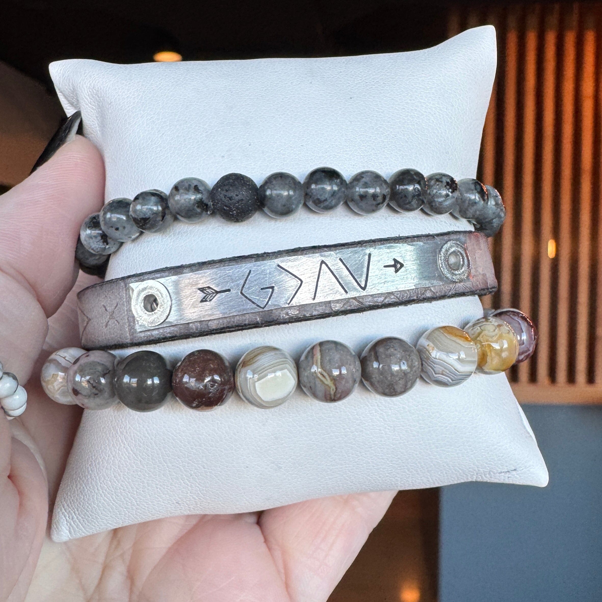 GOD IS GREATER | Southwest Grey Leather Skinny Set | 3 pieces | Bracelets | Women Skinny Bracelets Create Hope Cuffs 