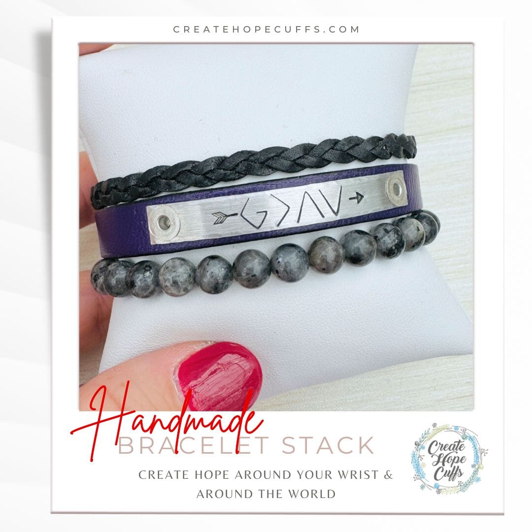 GOD IS GREATER THAN THE HIGHS AND LOWS Dark Purple Stack | Skinny Leather Set | 3 pieces | Bracelets | Womens Skinny Bracelets Create Hope Cuffs 