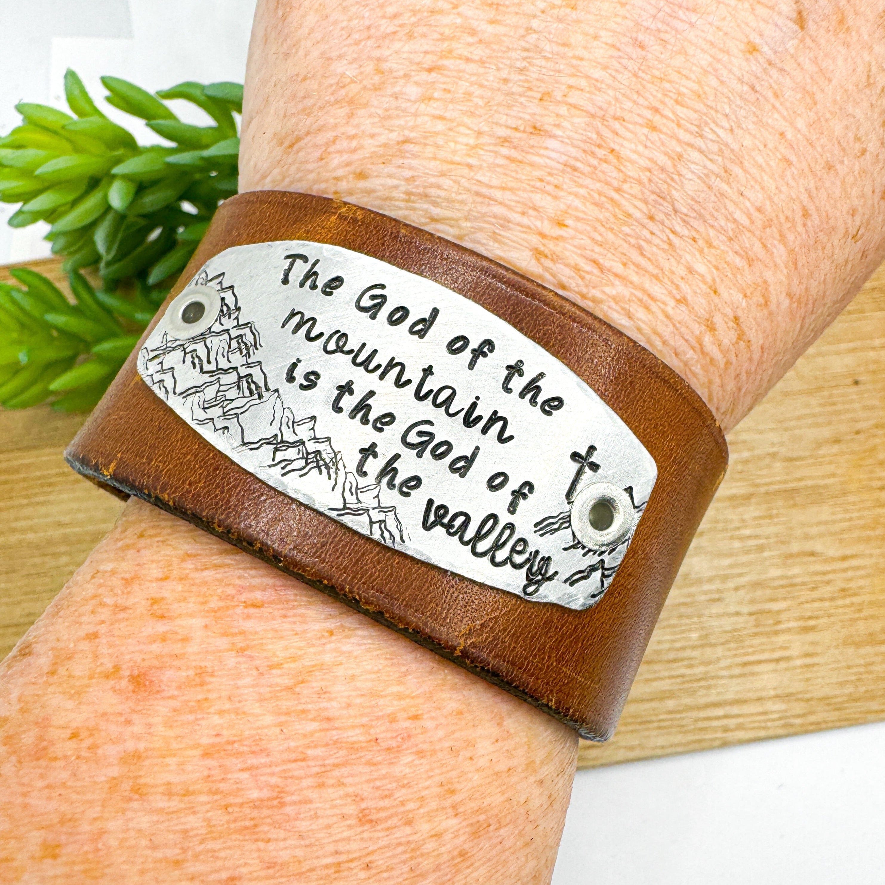 GOD OF THE MOUNTAINS | Mid Brown Wide Leather OOAK | One of A Kind | Upcycled Cuff | Adjustable | Women Leather Cuff Create Hope Cuffs 
