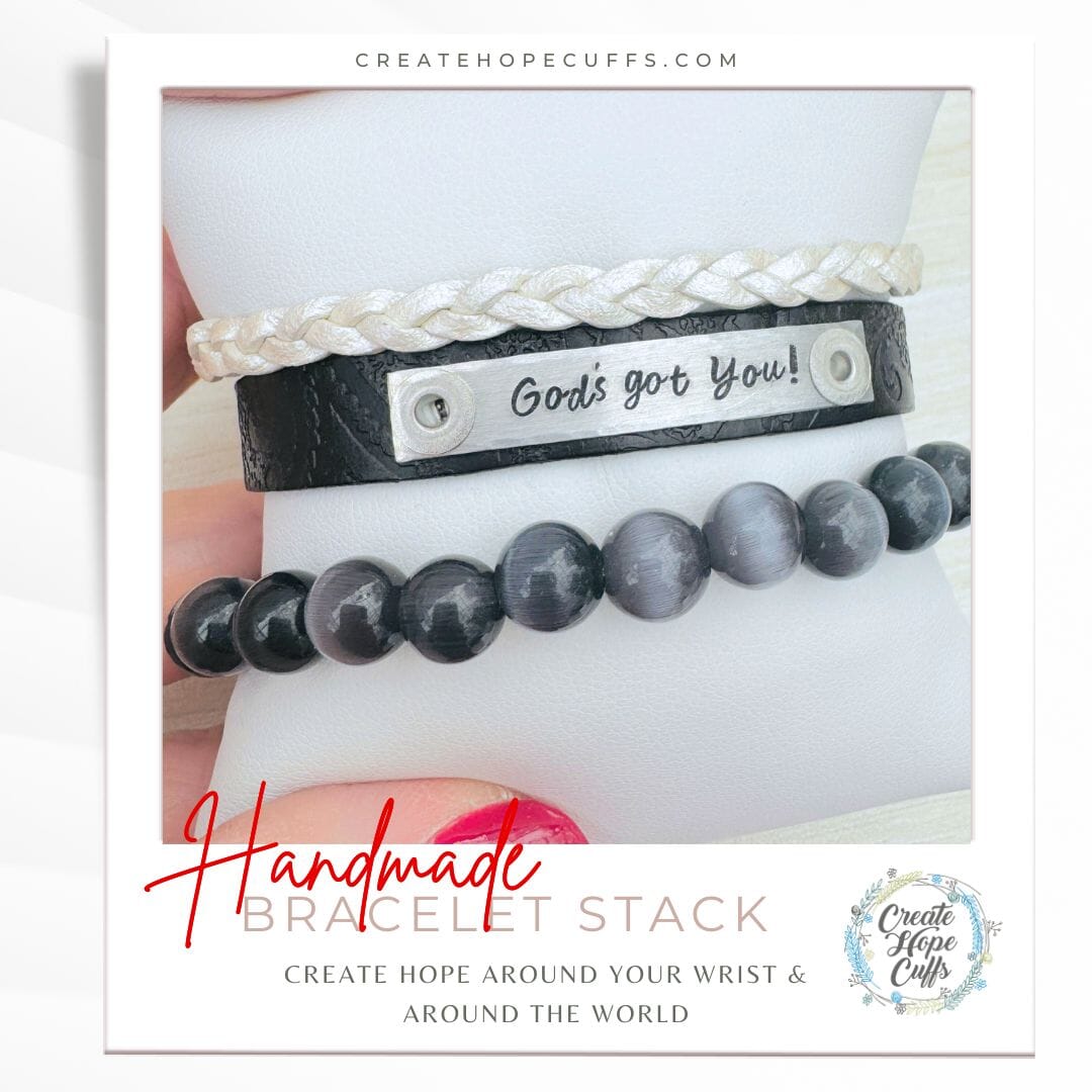 GOD'S GOT YOU Embossed Black Stack | Skinny Leather Set | 3 pieces | Bracelets | Womens Skinny Bracelets Create Hope Cuffs 