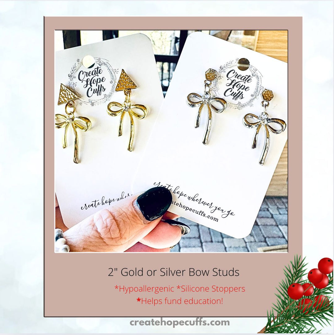 Gold or Silver Bow Stainless Steel Earrings | Women | Hypoallergenic Leather Earrings Create Hope Cuffs 