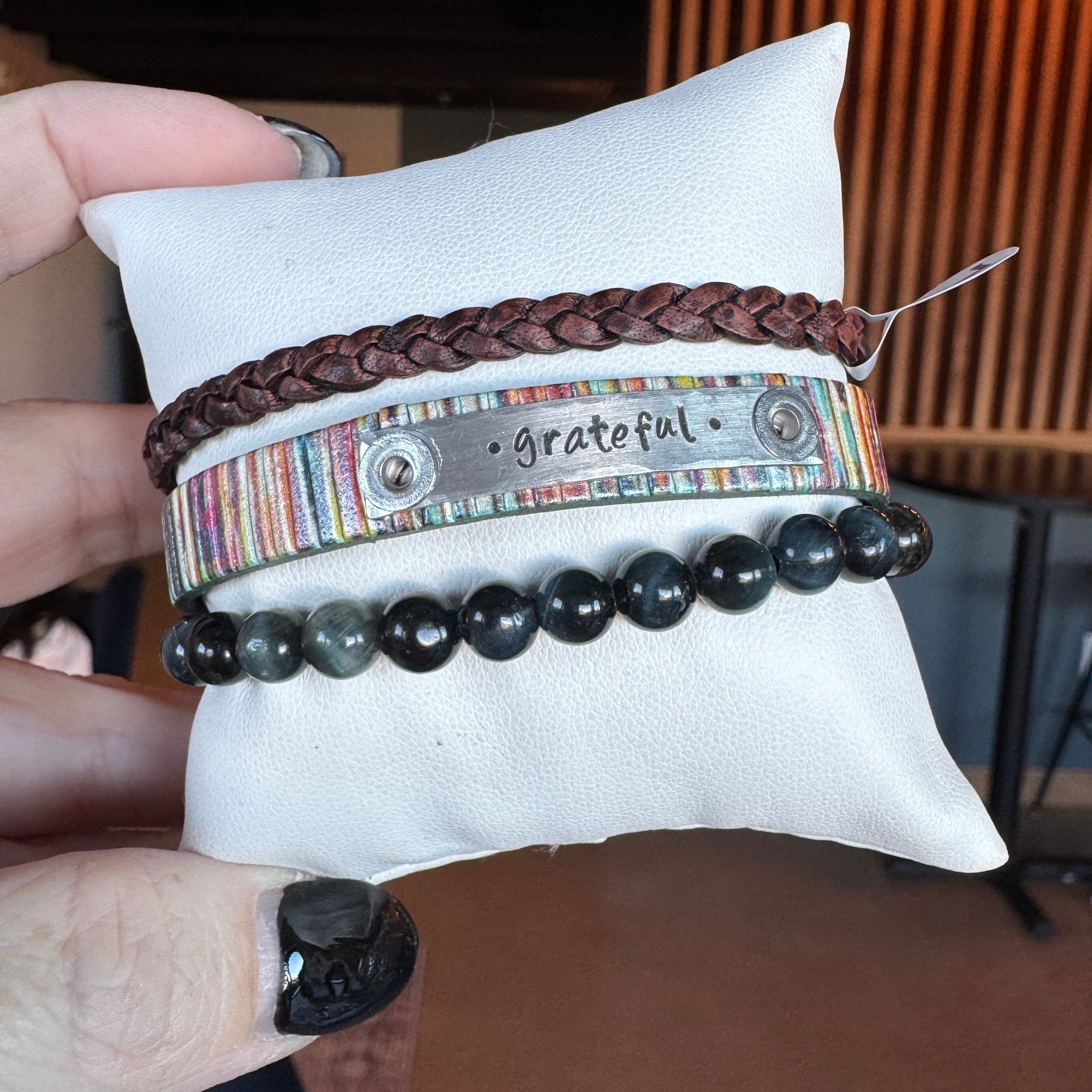 GRATEFUL | Multi-Shimmer Leather Skinny Set | 3 pieces | Bracelets | Women Skinny Bracelets Create Hope Cuffs 