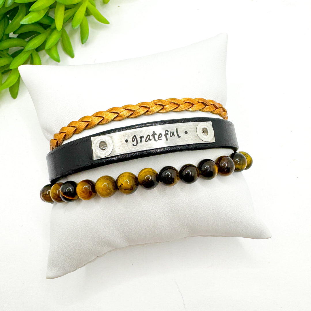 GRATEFUL Stack | Black Skinny Leather Set | 3 pieces | Bracelets | Womens Skinny Bracelets Create Hope Cuffs 