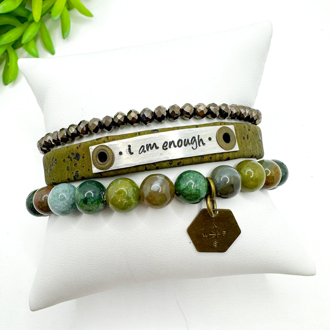 I AM ENOUGH Stack | OLIVE Skinny Leather Set | 3 pieces | Bracelets | Womens Skinny Bracelets Create Hope Cuffs 