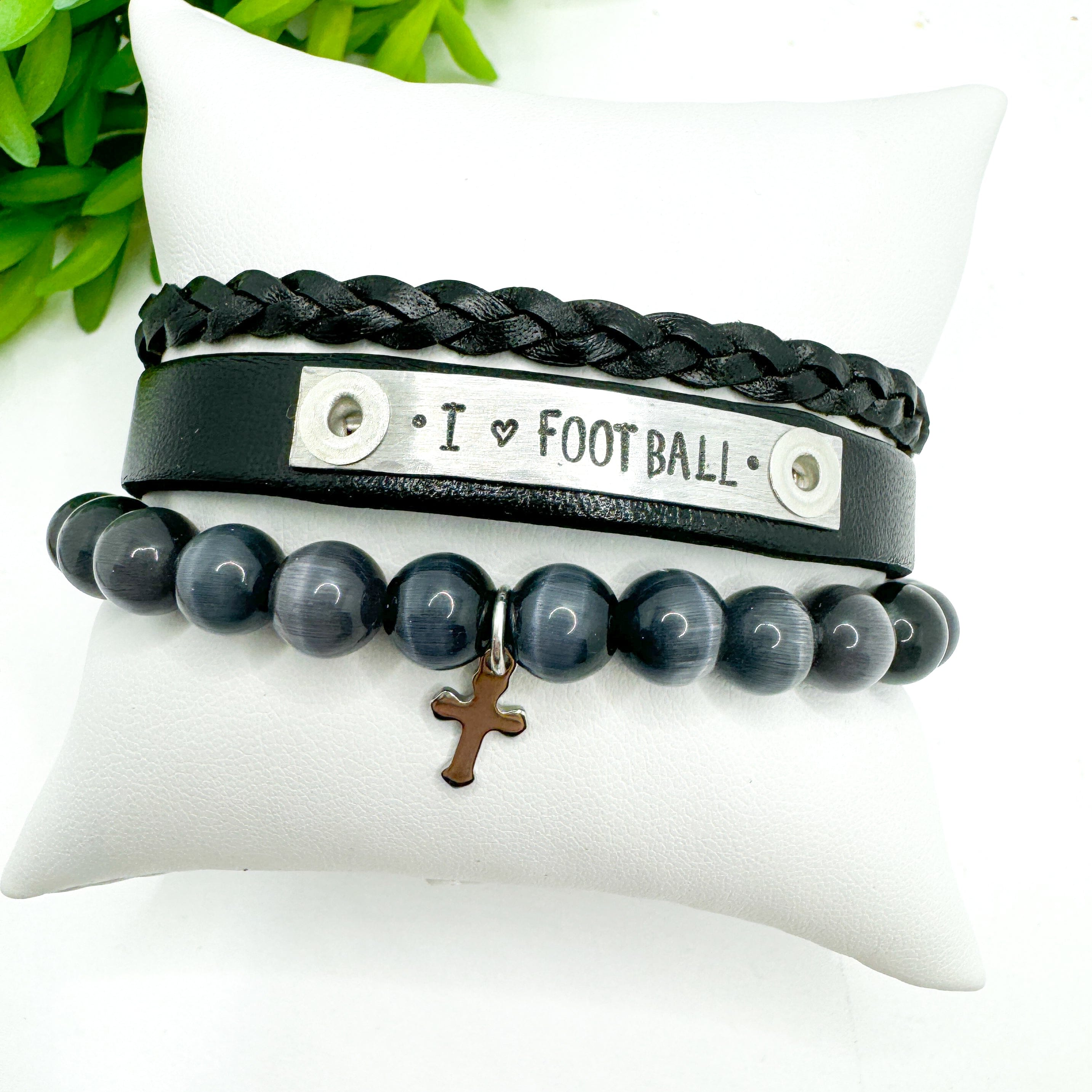 I ❤️ FOOTBALL Stack | Black Skinny Leather Set | 3 pieces | Bracelets | Womens Skinny Bracelets Create Hope Cuffs 