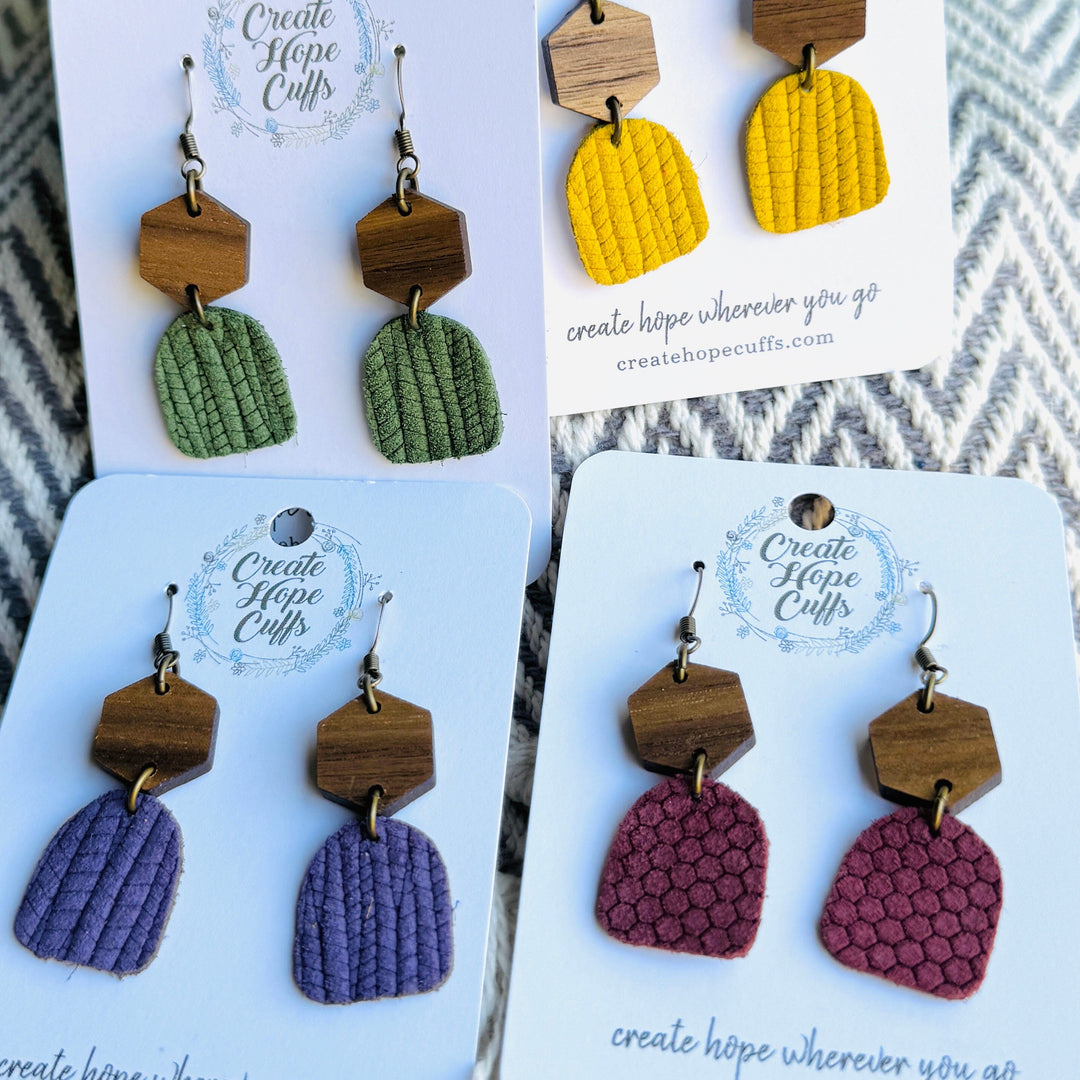 Itty Bitty Solid Prints | 4 Colors | Textured Leather Earrings | Stacked Wood | Hypoallergenic | Women Leather Earrings Create Hope Cuffs 