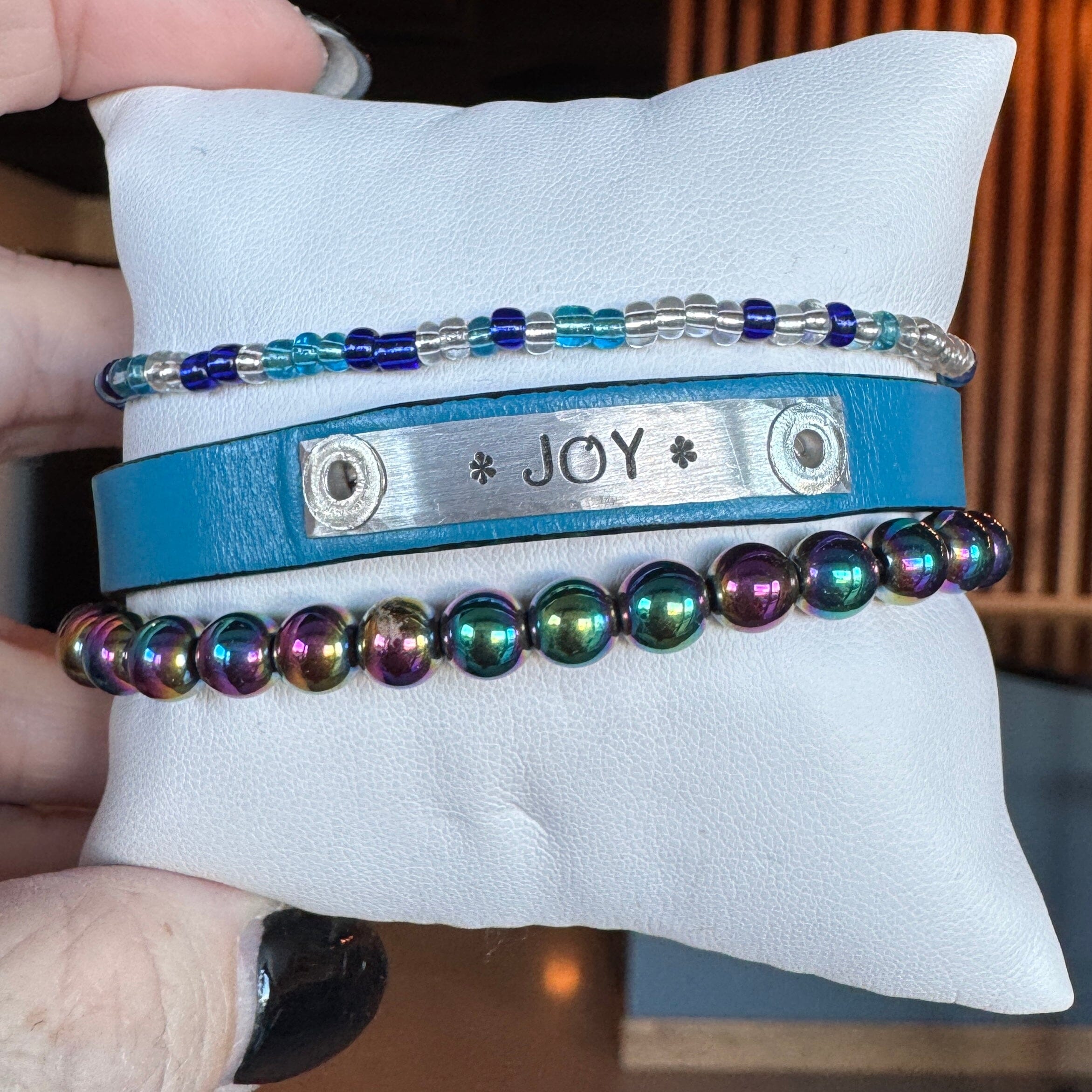 JOY | Teal Blue Leather Skinny Set | 3 pieces | Bracelets | Women Skinny Bracelets Create Hope Cuffs 