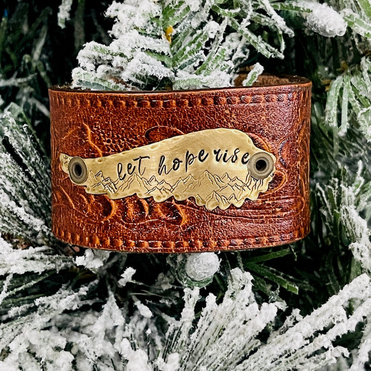 LET HOPE RISE | Tooled Burnt Brown Wide Leather OOAK | One of A Kind | Upcycled Cuff | Adjustable | Women Leather Cuff Create Hope Cuffs 