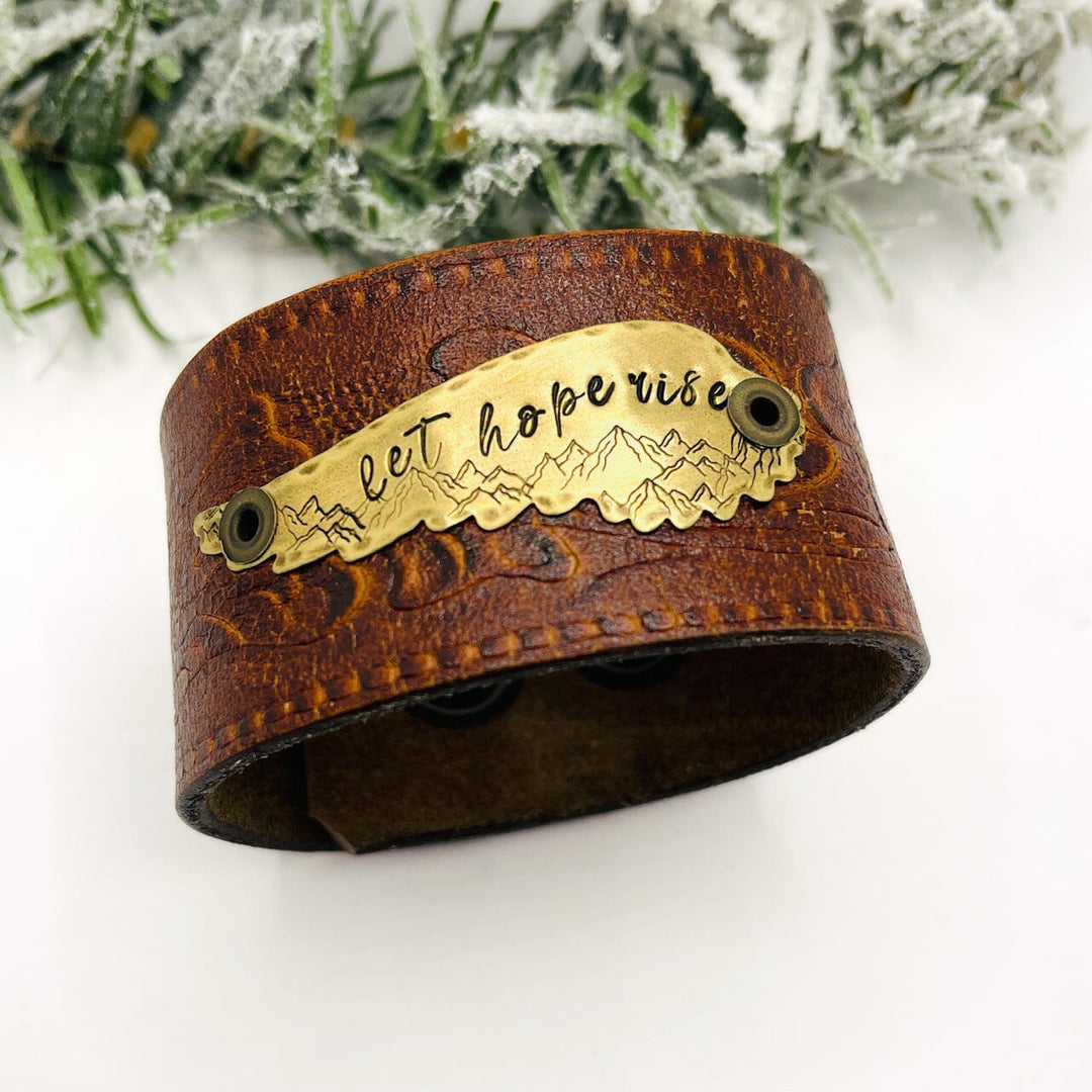 LET HOPE RISE | Tooled Burnt Brown Wide Leather OOAK | One of A Kind | Upcycled Cuff | Adjustable | Women Leather Cuff Create Hope Cuffs 