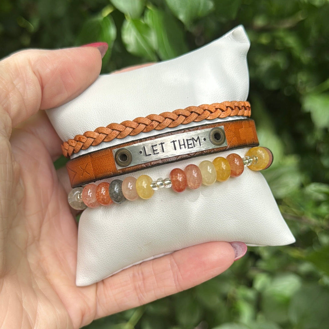 LET THEM | Santa Fe Tan Leather Skinny Set | 3 pieces | Bracelets | Women Skinny Bracelets Create Hope Cuffs 