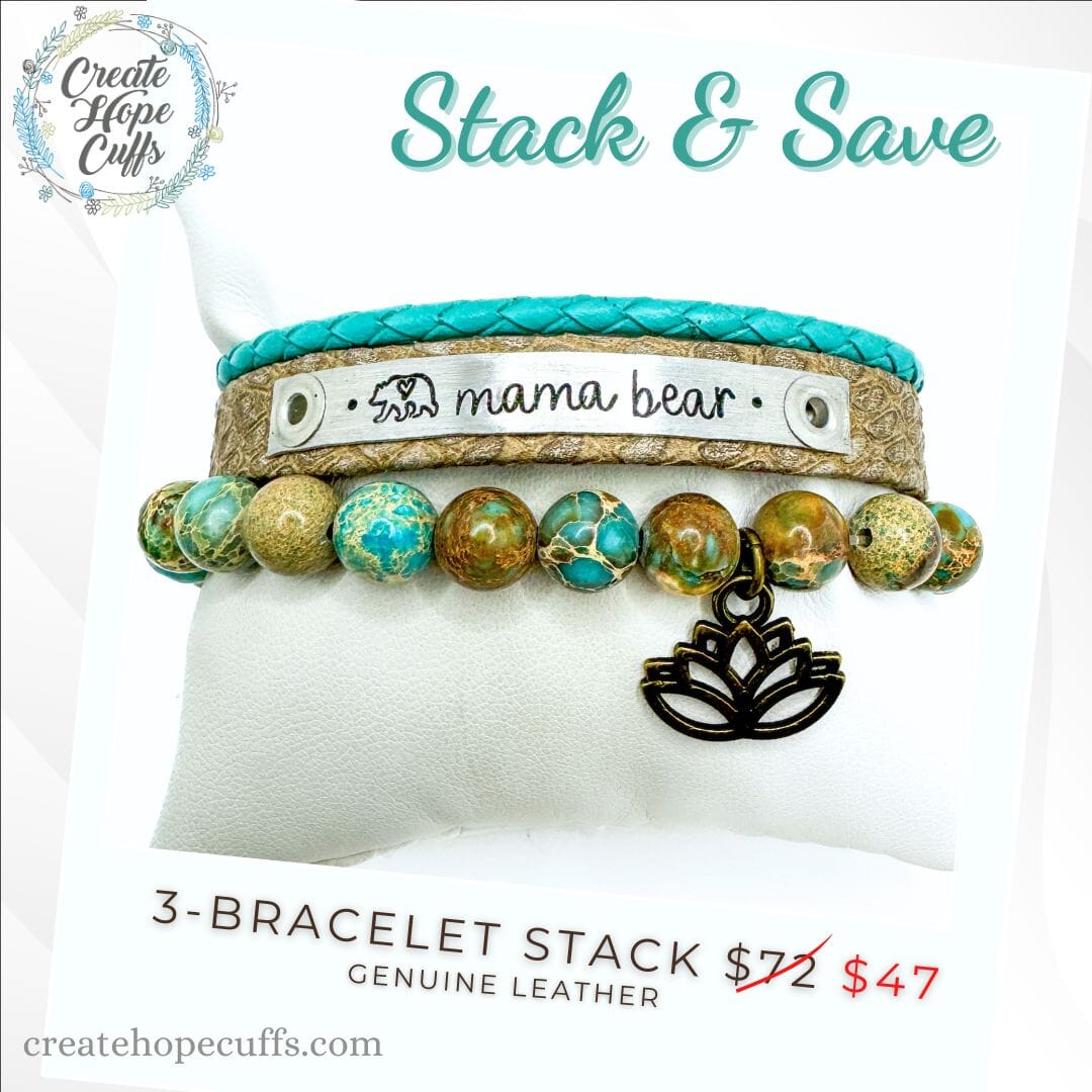MAMA BEAR Lotus Stack | Skinny Leather Stack Set | 3 pieces | Bracelets | Womens Skinny Bracelets Create Hope Cuffs 
