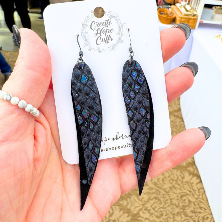 Navy and Black Metallic Halo Feathers | Leather Earrings | Hypoallergenic | Women Leather Earrings Create Hope Cuffs 
