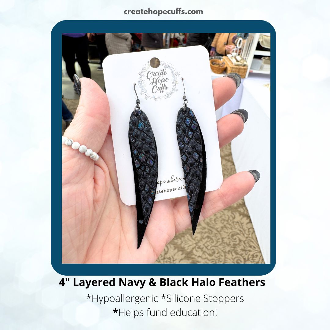 Navy and Black Metallic Halo Feathers | Leather Earrings | Hypoallergenic | Women Leather Earrings Create Hope Cuffs 