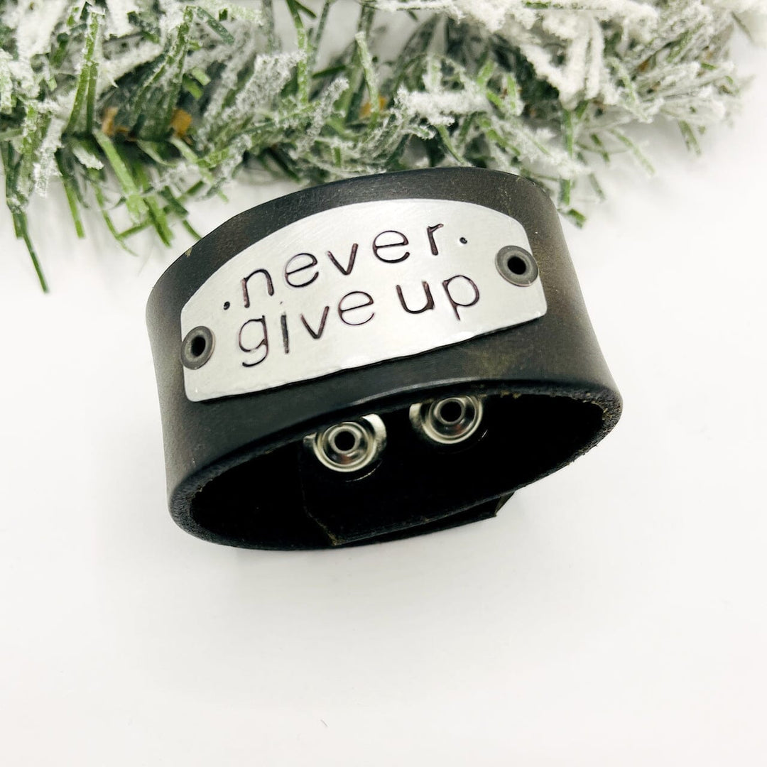 NEVER GIVE UP | Black Wide Leather OOAK | One of A Kind | Upcycled Cuff | Adjustable | Women Leather Cuff Create Hope Cuffs 