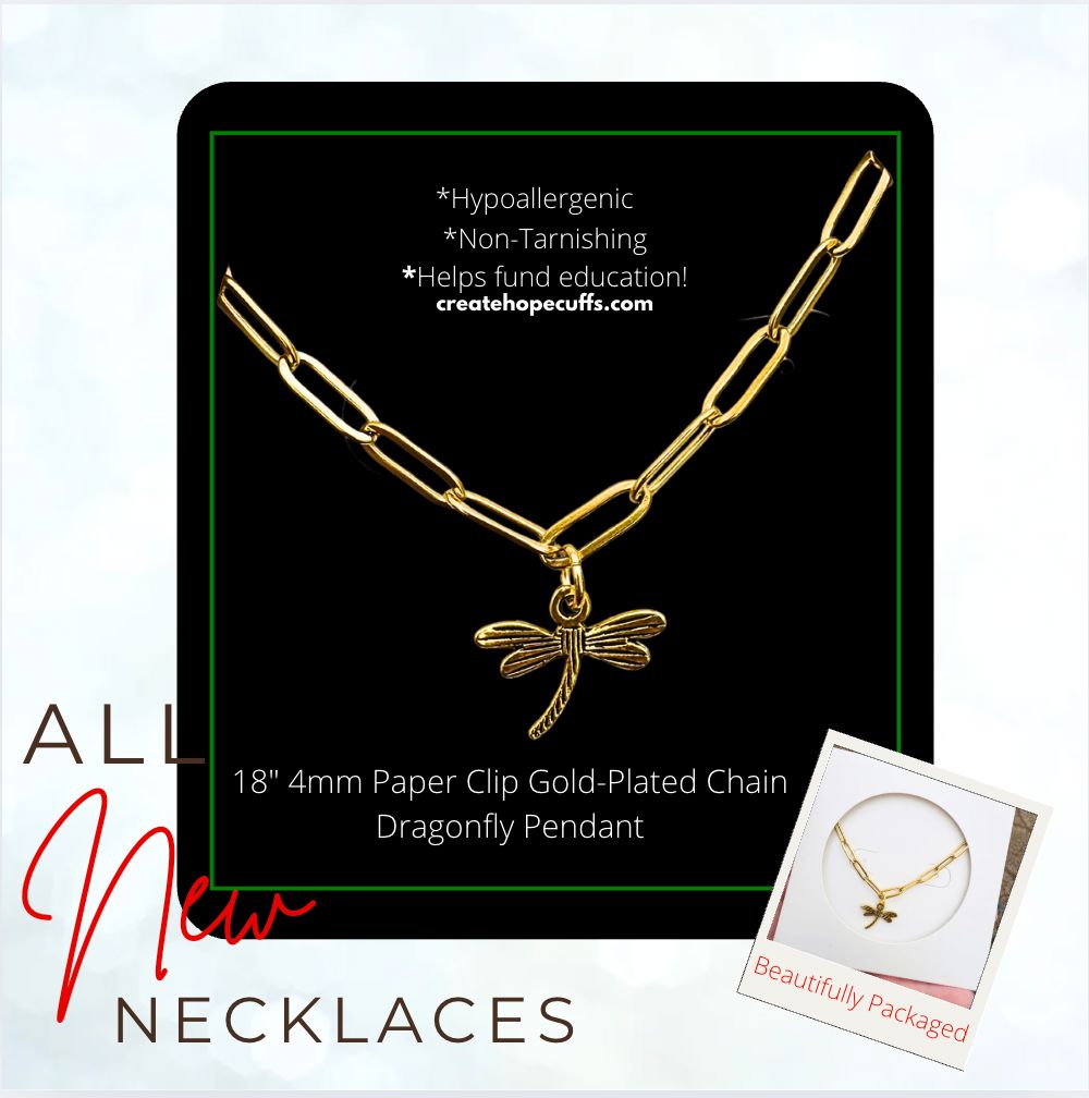 New! 4mm Hope Paper Clip Chain Necklace | Choose Pendant | 18" Women Necklace Create Hope Cuffs 4mm Dragonfly (gold only) 