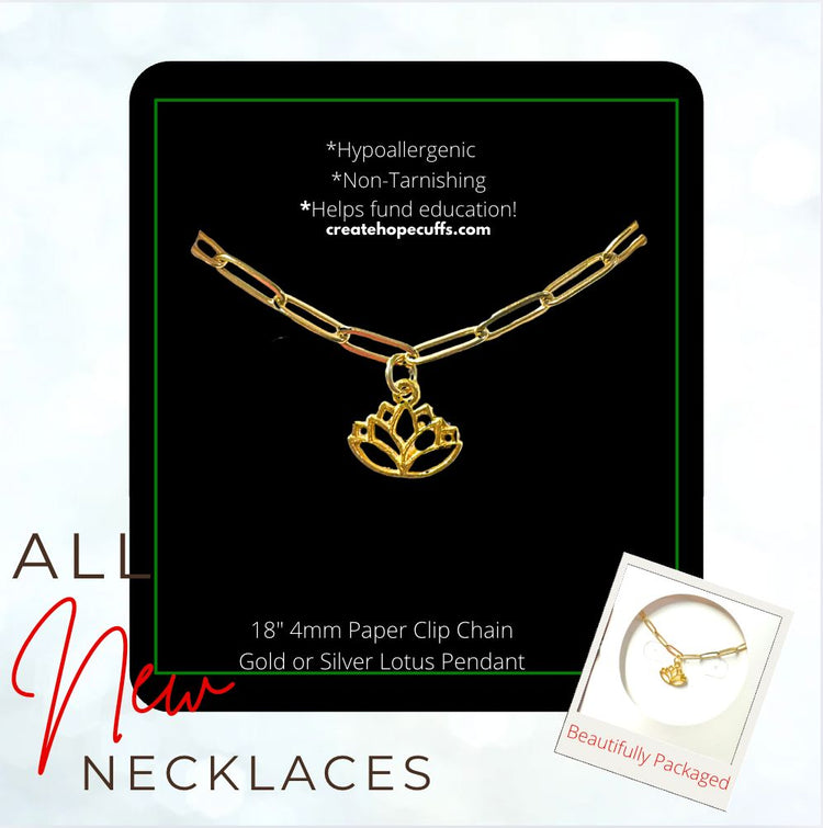 New! 4mm Hope Paper Clip Chain Necklace | Choose Pendant | 18" Women Necklace Create Hope Cuffs 4mm Gold Lotus 