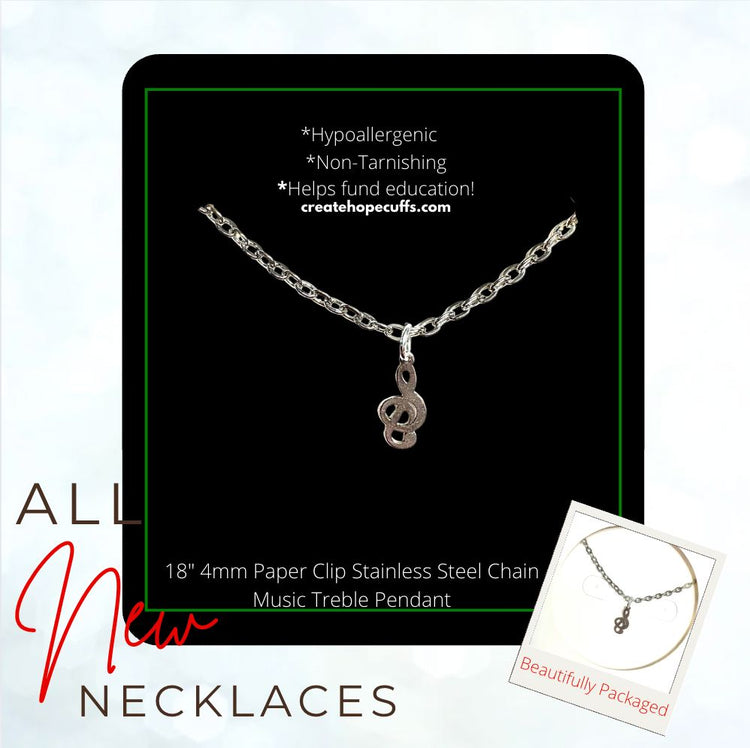 New! 4mm Hope Paper Clip Chain Necklace | Choose Pendant | 18" Women Necklace Create Hope Cuffs 4mm Stainless Steel Music Treble 