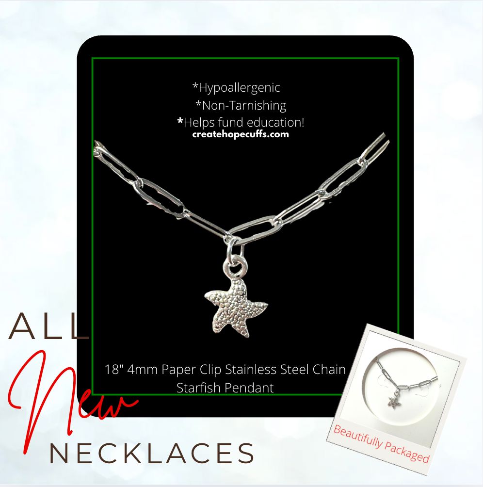 New! 4mm Hope Paper Clip Chain Necklace | Choose Pendant | 18" Women Necklace Create Hope Cuffs 4mm Stainless Steel Starfish 