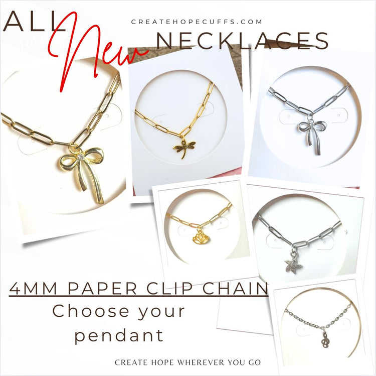 New! 4mm Hope Paper Clip Chain Necklace | Choose Pendant | 18" Women Necklace Create Hope Cuffs Choose Your Pendant 