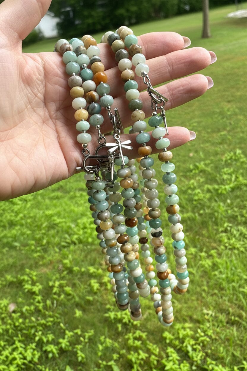 New! 5mm Amazonite Dragonfly Rondelle Gemstone Necklace | 16" Women Toggle Clasp Necklace | Stainless Steel Wire Create Hope Cuffs 