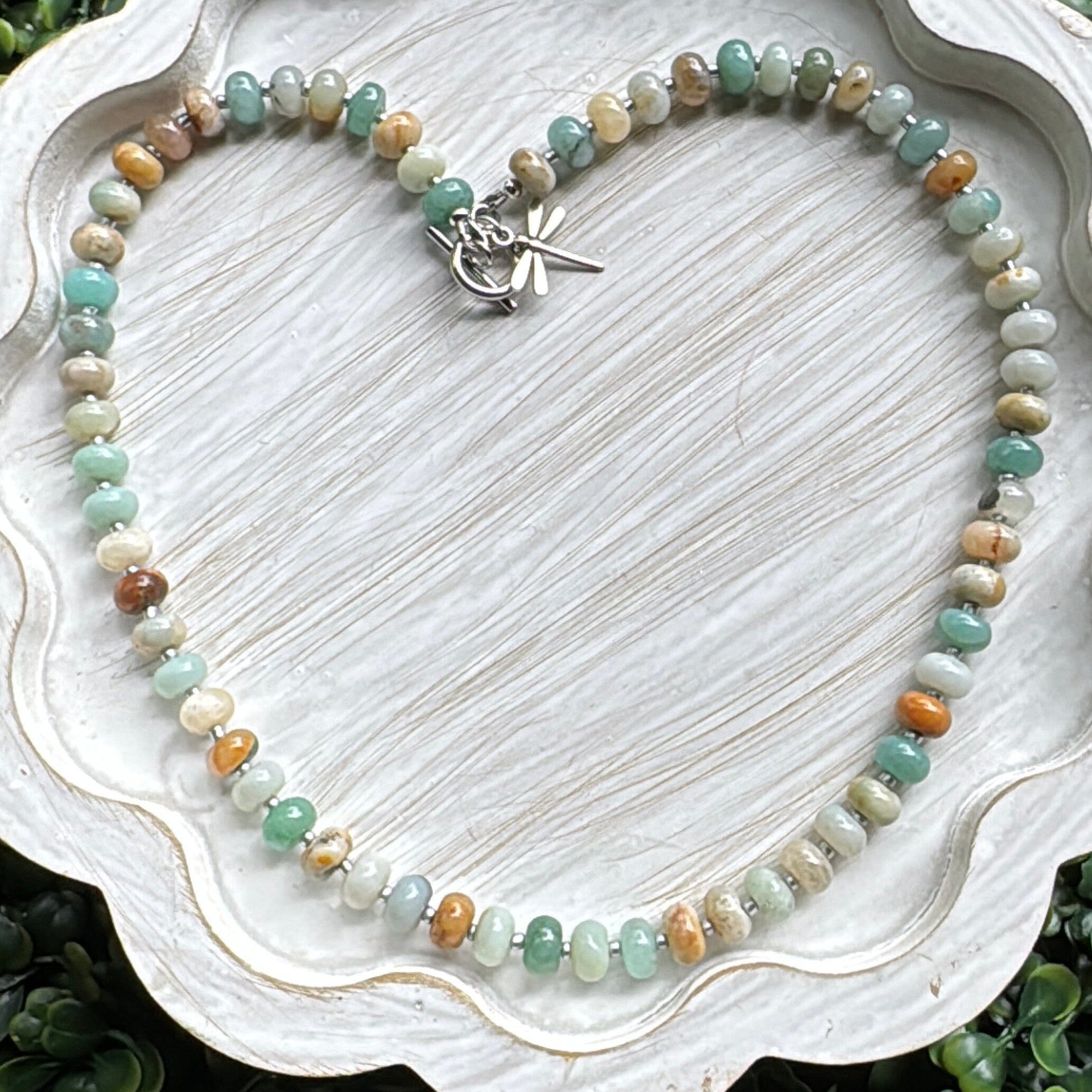 New! 5mm Amazonite Dragonfly Rondelle Gemstone Necklace | 16" Women Toggle Clasp Necklace | Stainless Steel Wire Create Hope Cuffs 