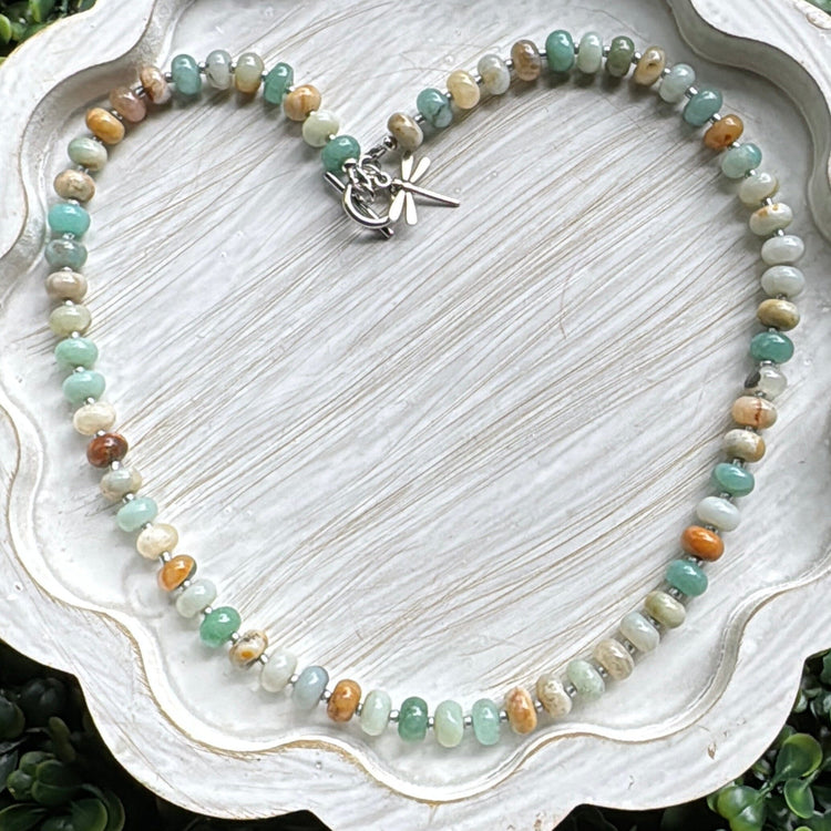 New! 5mm Amazonite Dragonfly Rondelle Gemstone Necklace | 16" Women Toggle Clasp Necklace | Stainless Steel Wire Create Hope Cuffs 