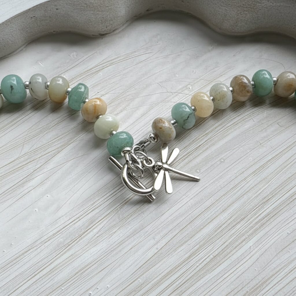 New! 5mm Amazonite Dragonfly Rondelle Gemstone Necklace | 16" Women Toggle Clasp Necklace | Stainless Steel Wire Create Hope Cuffs 