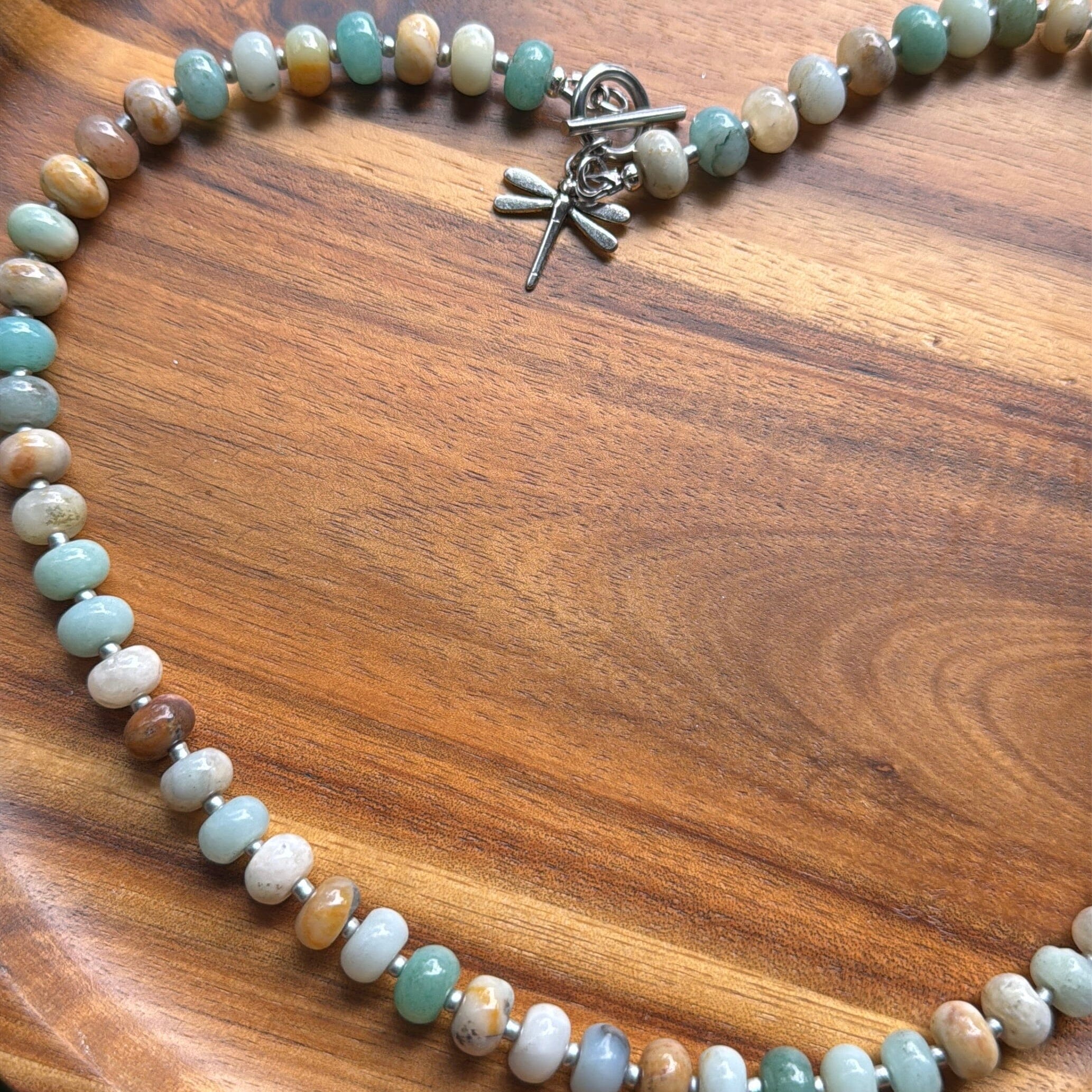 New! 5mm Amazonite Dragonfly Rondelle Gemstone Necklace | 16" Women Toggle Clasp Necklace | Stainless Steel Wire Create Hope Cuffs 