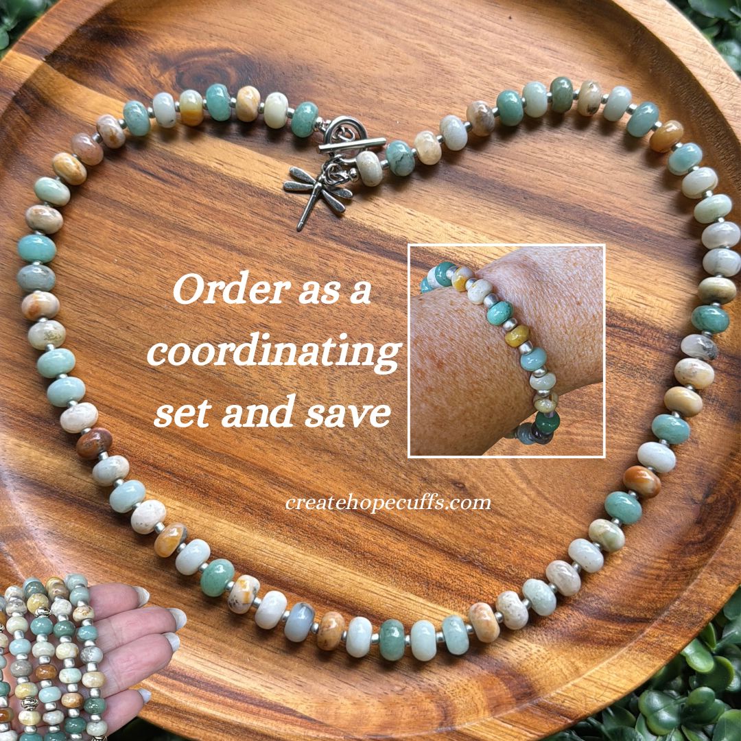New! 5mm Amazonite Dragonfly Rondelle 'Hope' Gemstone Necklace | 16" Women Toggle Clasp Necklace | Stainless Steel Wire Create Hope Cuffs Necklace & Bracelet Combo (save $7) 