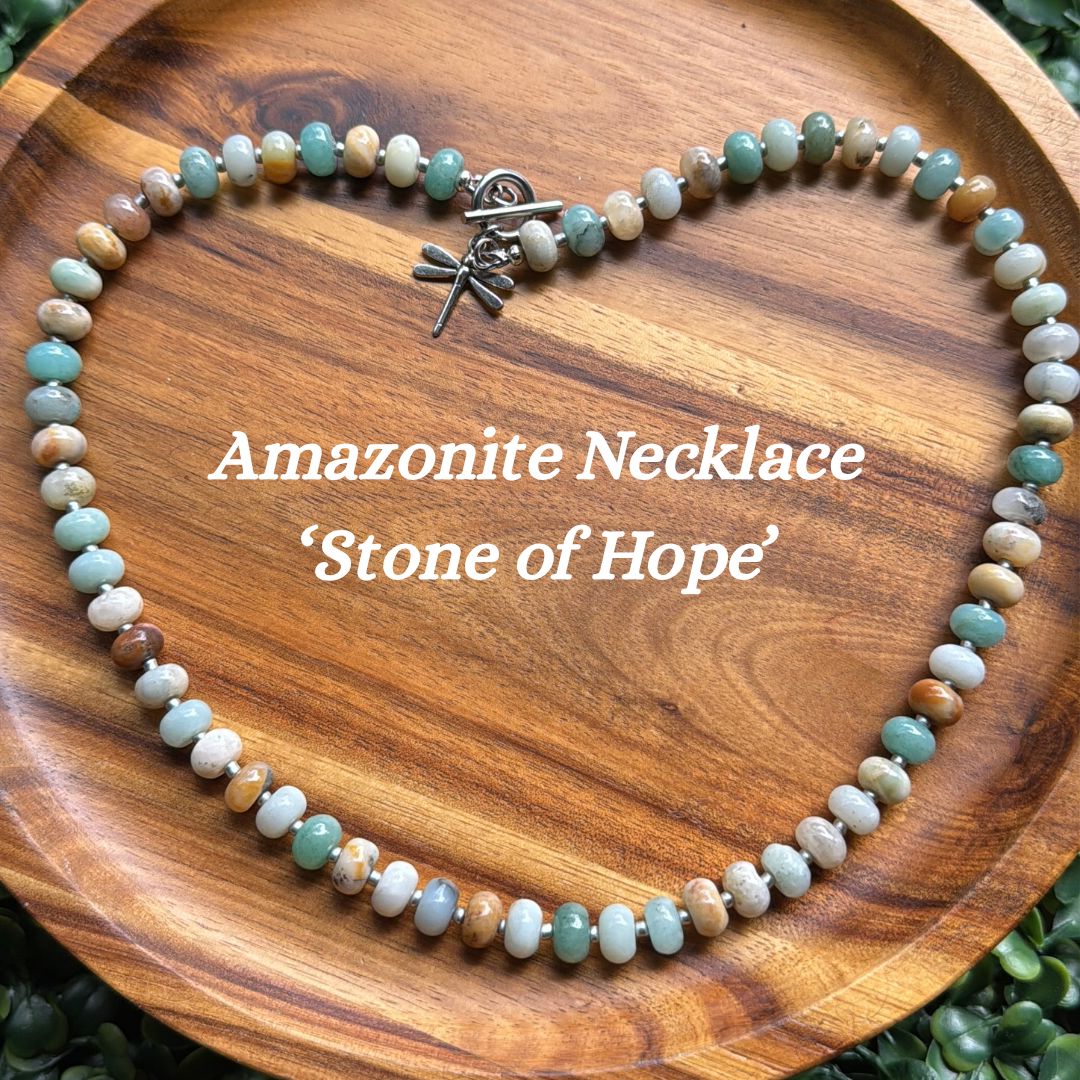 New! 5mm Amazonite Dragonfly Rondelle 'Hope' Gemstone Necklace | 16" Women Toggle Clasp Necklace | Stainless Steel Wire Create Hope Cuffs Necklace ONLY 