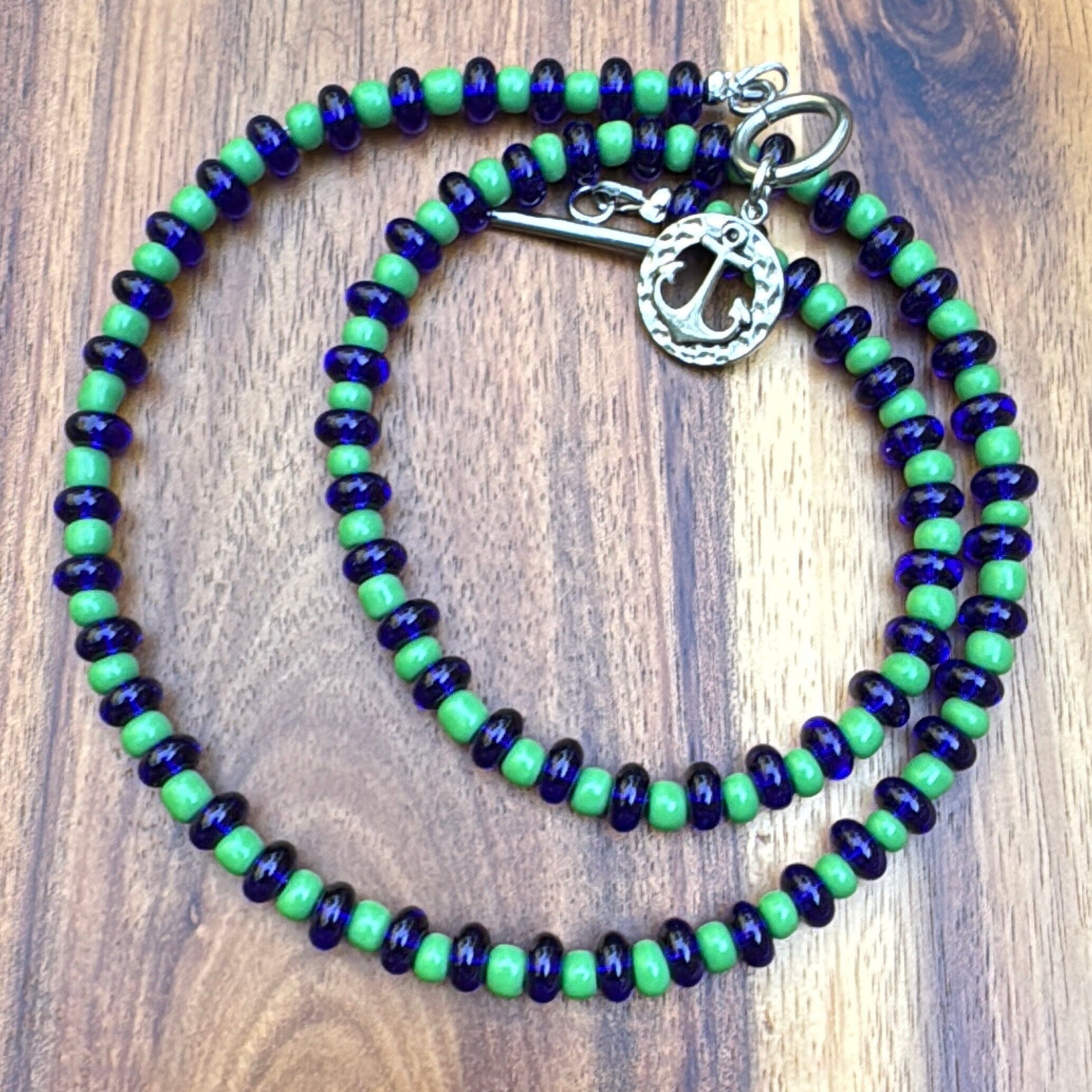 New! 5mm Blue Green Anchor Rondelle Candy Necklace | 16" Women Toggle Clasp Necklace | Stainless Steel Wire Create Hope Cuffs 