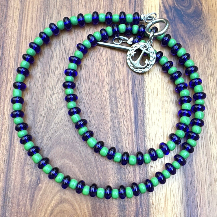 New! 5mm Blue Green Anchor Rondelle Candy Necklace | 16" Women Toggle Clasp Necklace | Stainless Steel Wire Create Hope Cuffs 