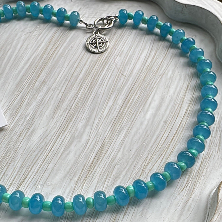 New! 5mm Blue Mint Compass Rondelle Candy Necklace | 16" Women Toggle Clasp Necklace | Stainless Steel Wire Create Hope Cuffs 