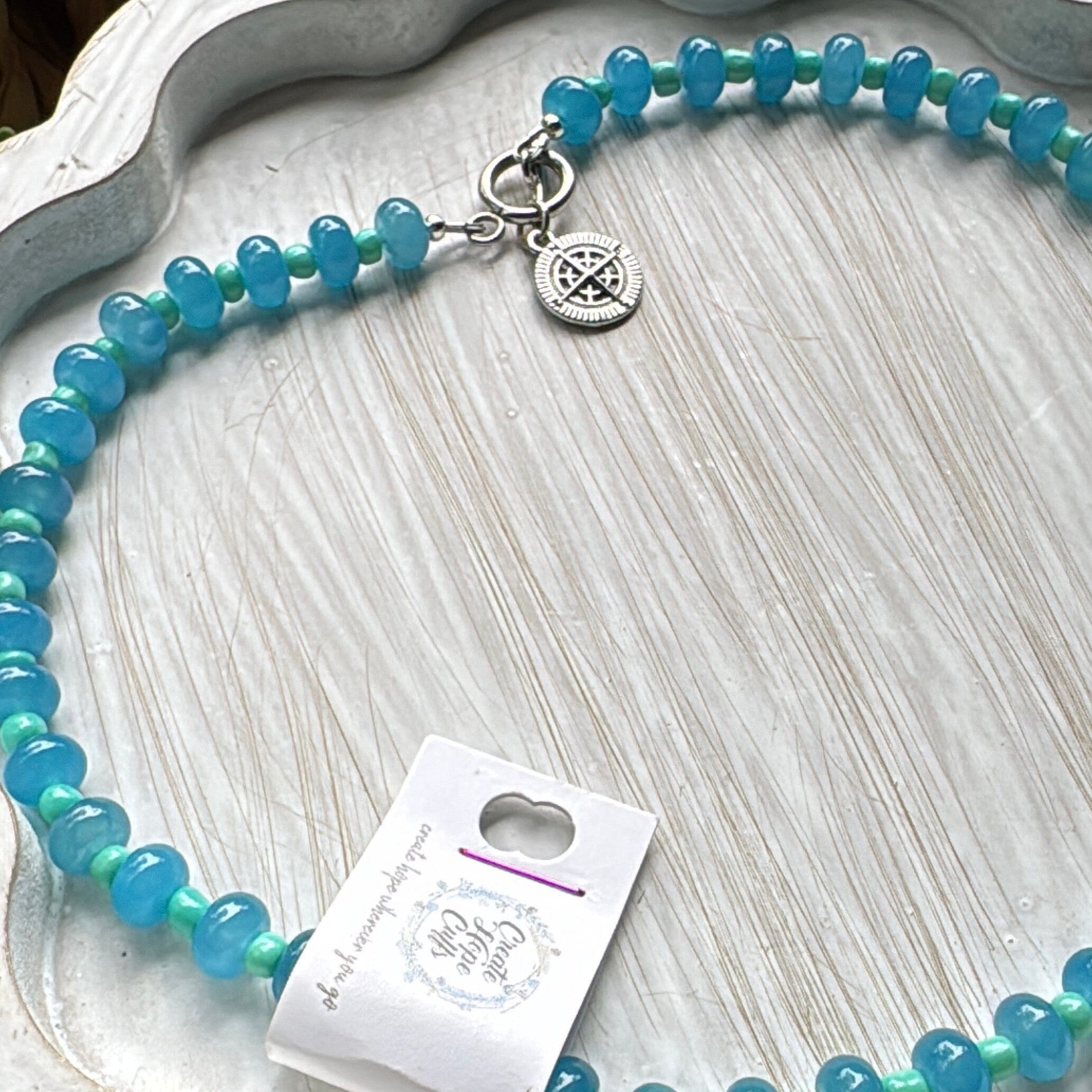 New! 5mm Blue Mint Compass Rondelle Candy Necklace | 16" Women Toggle Clasp Necklace | Stainless Steel Wire Create Hope Cuffs 