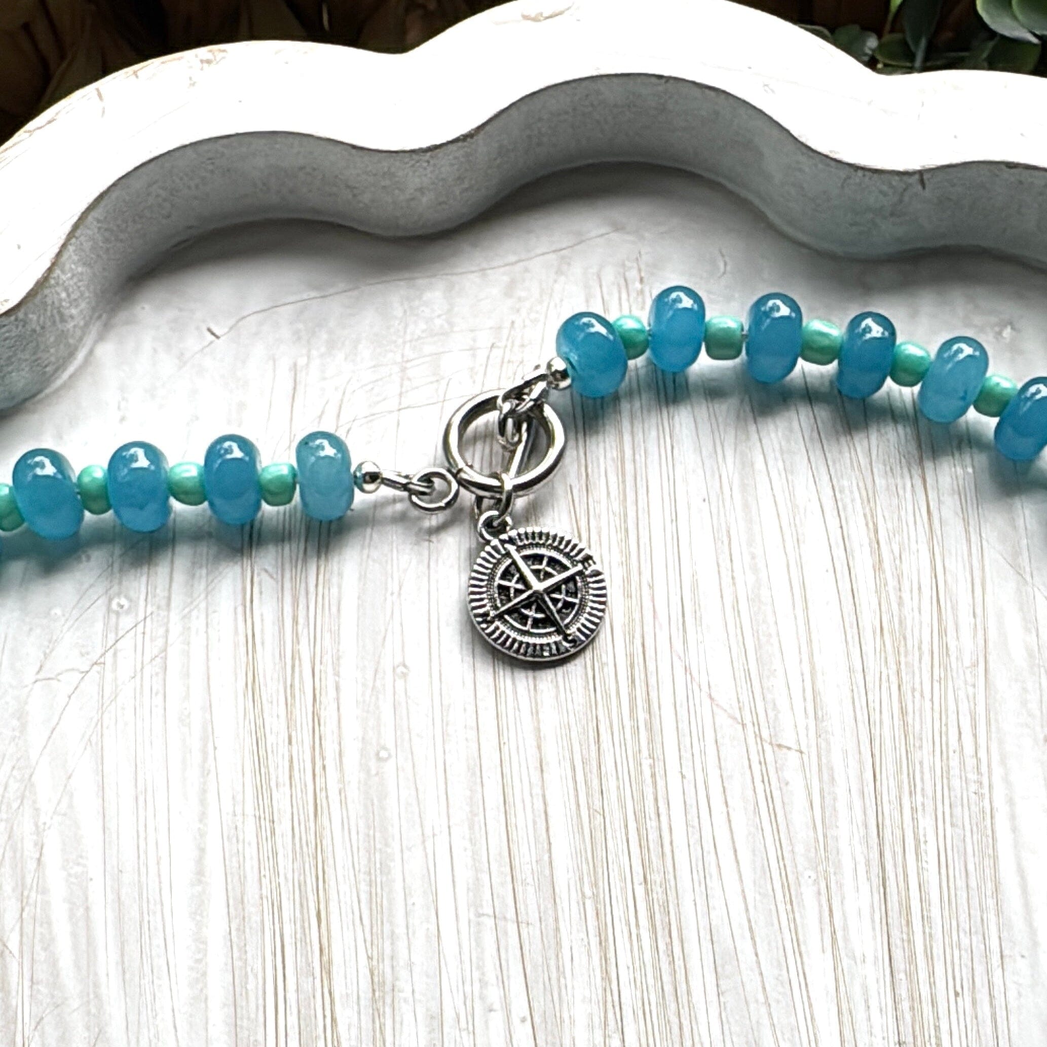 New! 5mm Blue Mint Compass Rondelle Candy Necklace | 16" Women Toggle Clasp Necklace | Stainless Steel Wire Create Hope Cuffs 