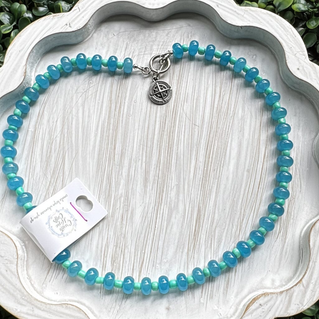 New! 5mm Blue Mint Compass Rondelle Candy Necklace | 16" Women Toggle Clasp Necklace | Stainless Steel Wire Create Hope Cuffs 