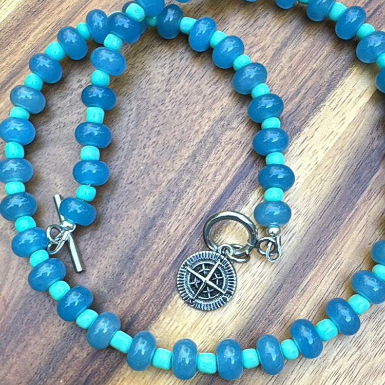 New! 5mm Blue Mint Compass Rondelle Candy Necklace | 16" Women Toggle Clasp Necklace | Stainless Steel Wire Create Hope Cuffs 