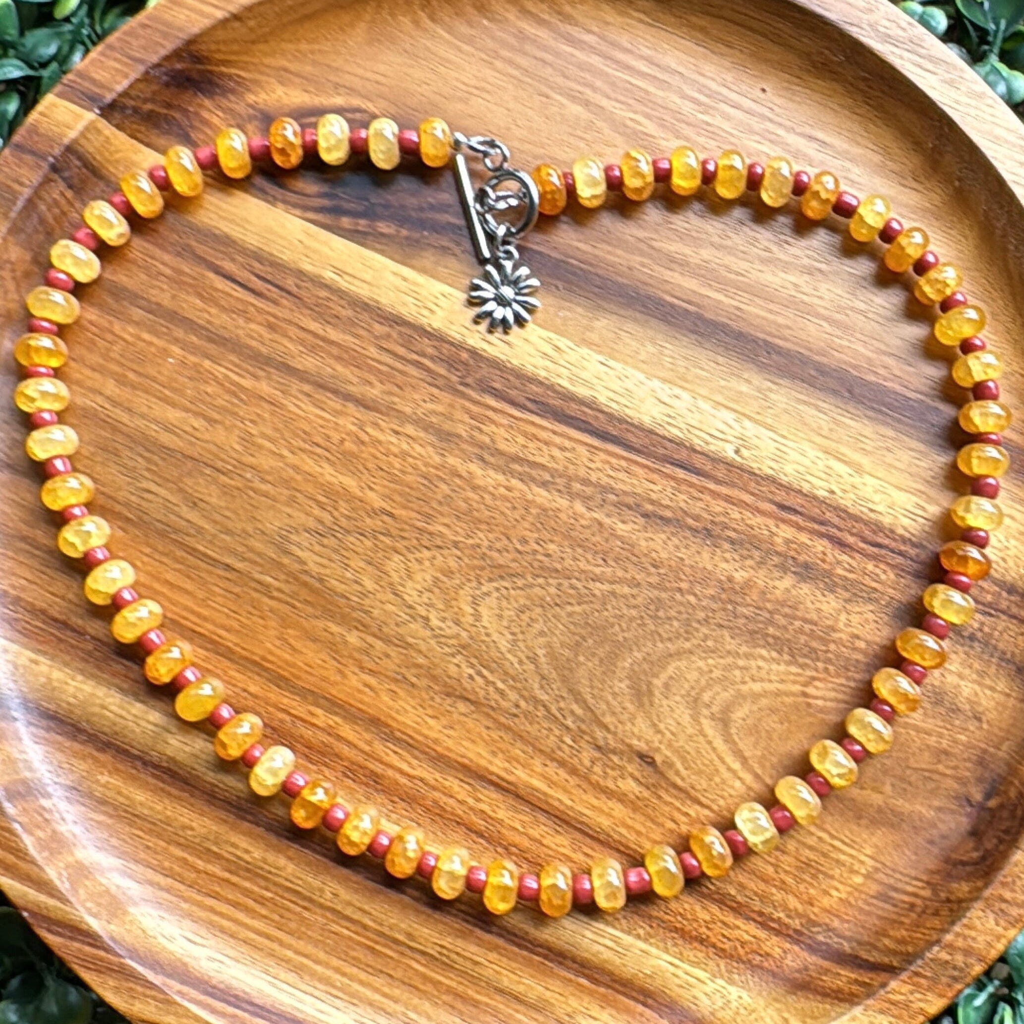 New! 5mm Butterscotch Flower Rondelle Candy Necklace | 16" Women Toggle Clasp Necklace | Stainless Steel Wire Create Hope Cuffs 