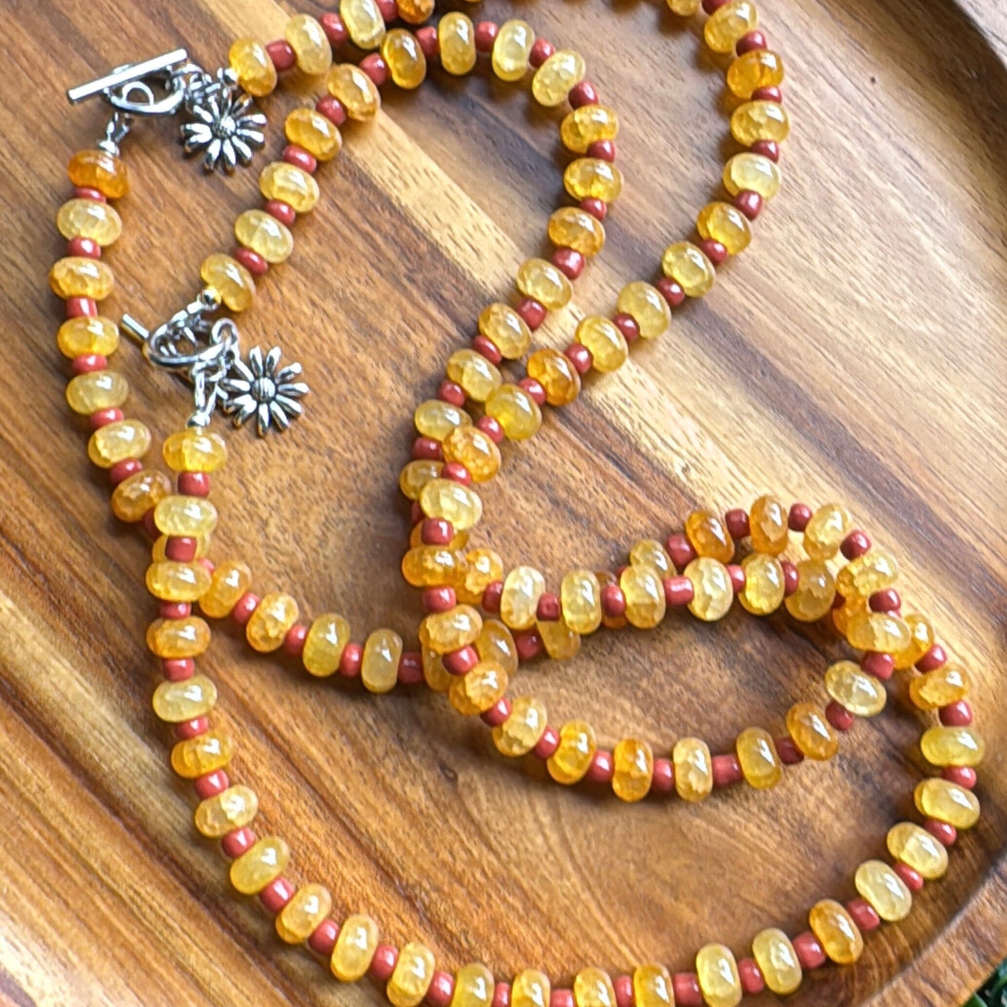 New! 5mm Butterscotch Flower Rondelle Candy Necklace | 16" Women Toggle Clasp Necklace | Stainless Steel Wire Create Hope Cuffs 