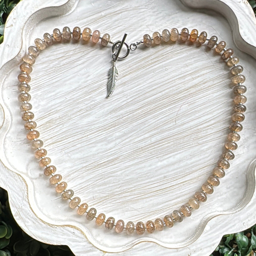 New! 5mm Frappe Brown Feather Rondelle Candy Necklace | 16" Women Toggle Clasp Necklace | Stainless Steel Wire Create Hope Cuffs 