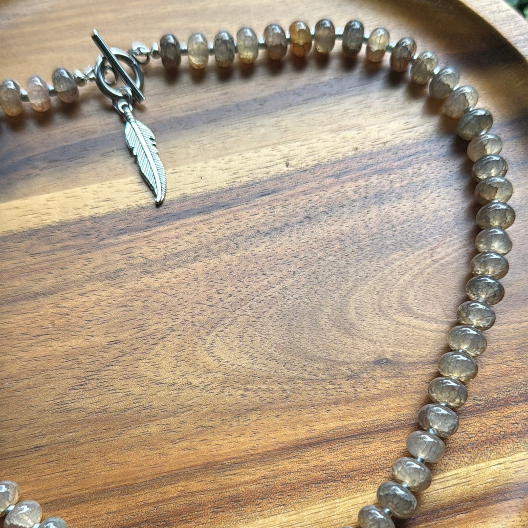 New! 5mm Frappe Brown Feather Rondelle Candy Necklace | 16" Women Toggle Clasp Necklace | Stainless Steel Wire Create Hope Cuffs 