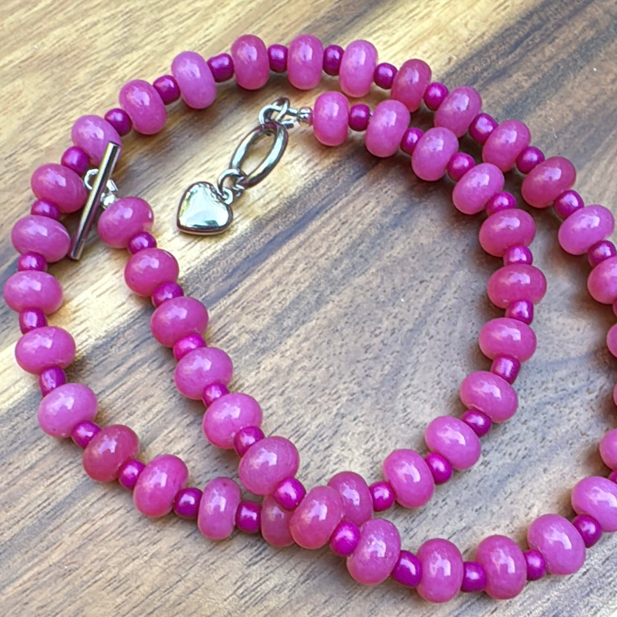 New! 5mm Pink Heart Rondelle Candy Necklace | 16" Women Toggle Clasp Necklace | Stainless Steel Wire Create Hope Cuffs 