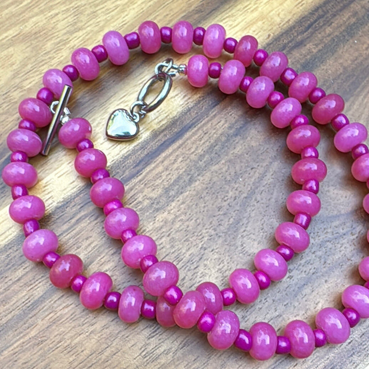 New! 5mm Pink Heart Rondelle Candy Necklace | 16" Women Toggle Clasp Necklace | Stainless Steel Wire Create Hope Cuffs 