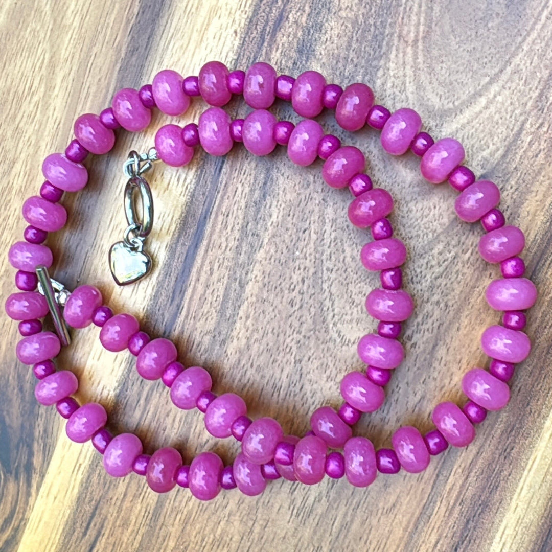 New! 5mm Pink Heart Rondelle Candy Necklace | 16" Women Toggle Clasp Necklace | Stainless Steel Wire Create Hope Cuffs 