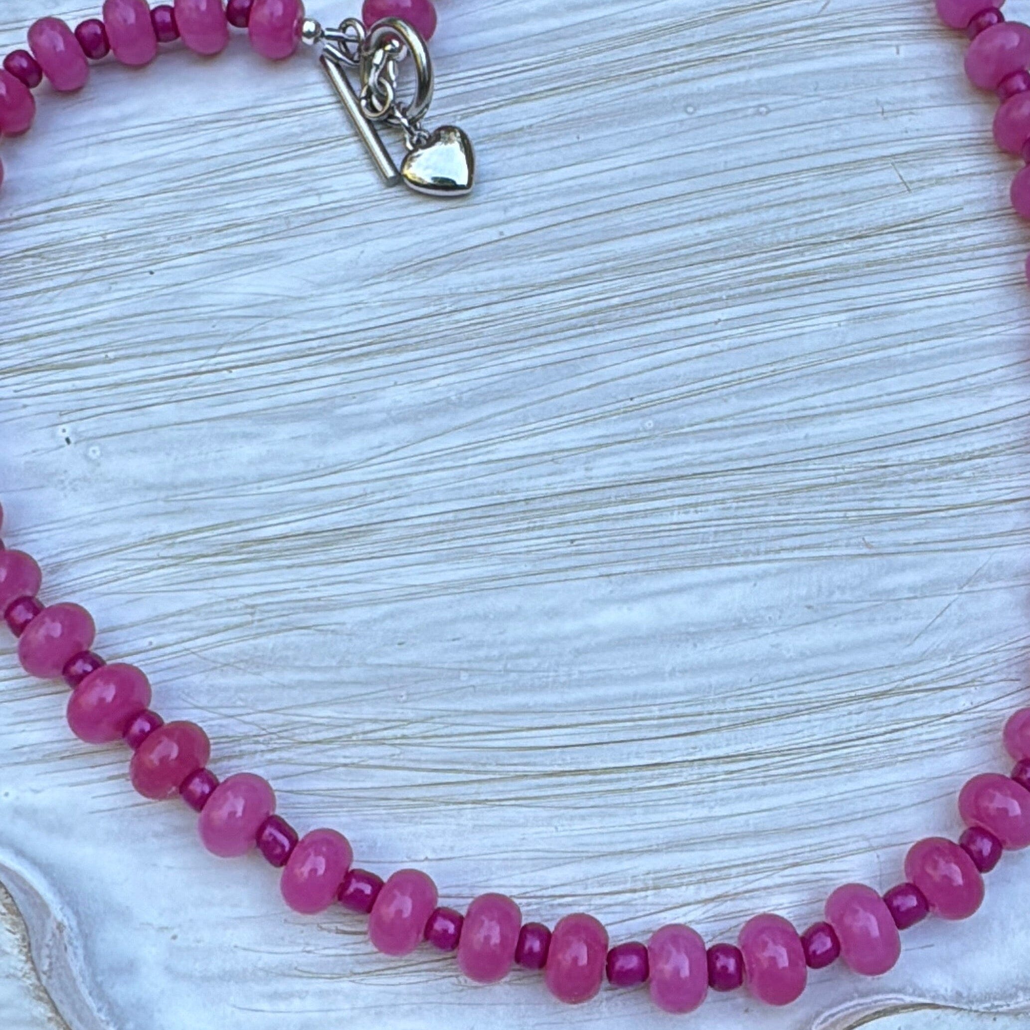 New! 5mm Pink Heart Rondelle Candy Necklace | 16" Women Toggle Clasp Necklace | Stainless Steel Wire Create Hope Cuffs 