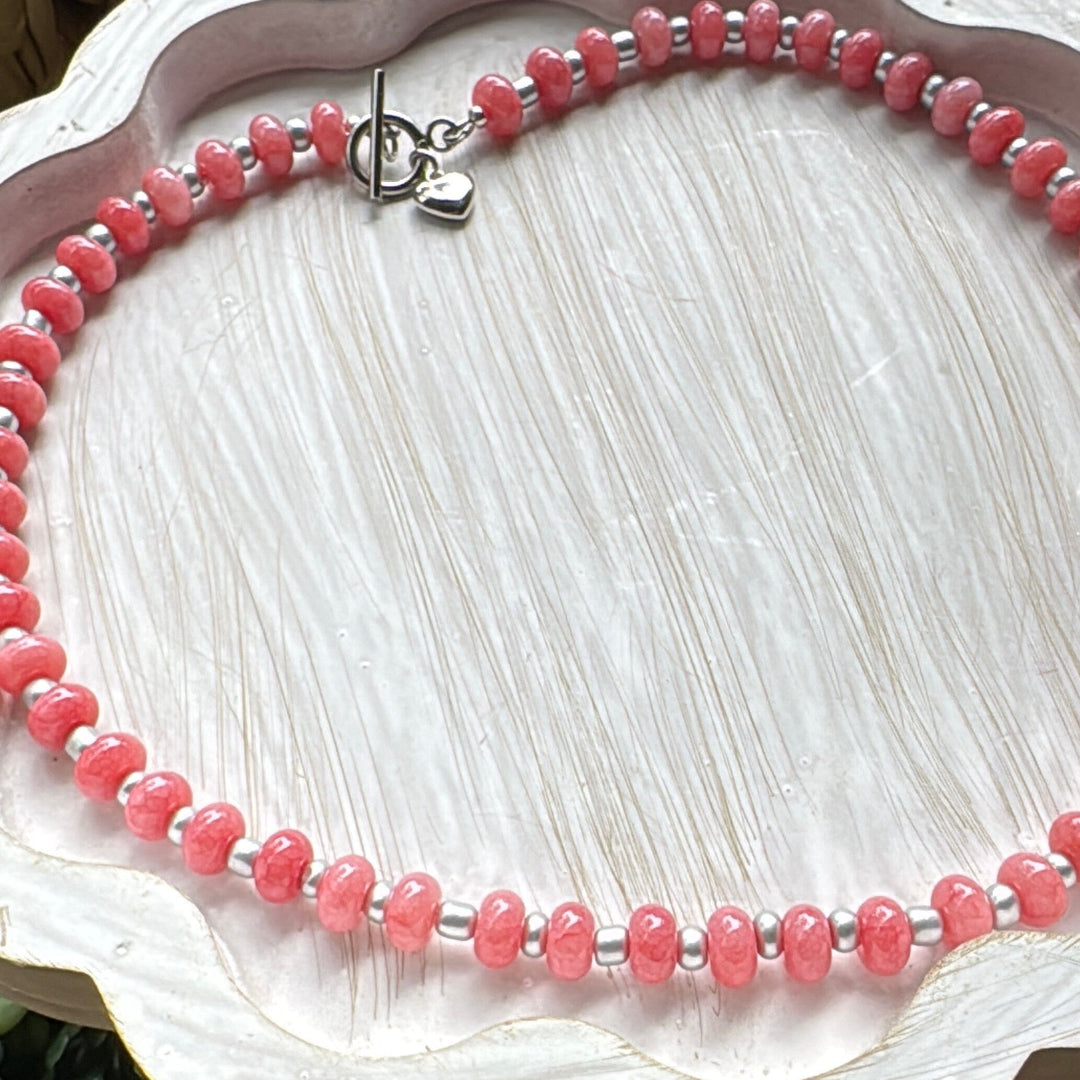 New! 5mm Pink Silver Sky Rondelle Candy Necklace | 16" Women Toggle Clasp Necklace | Stainless Steel Wire Create Hope Cuffs 