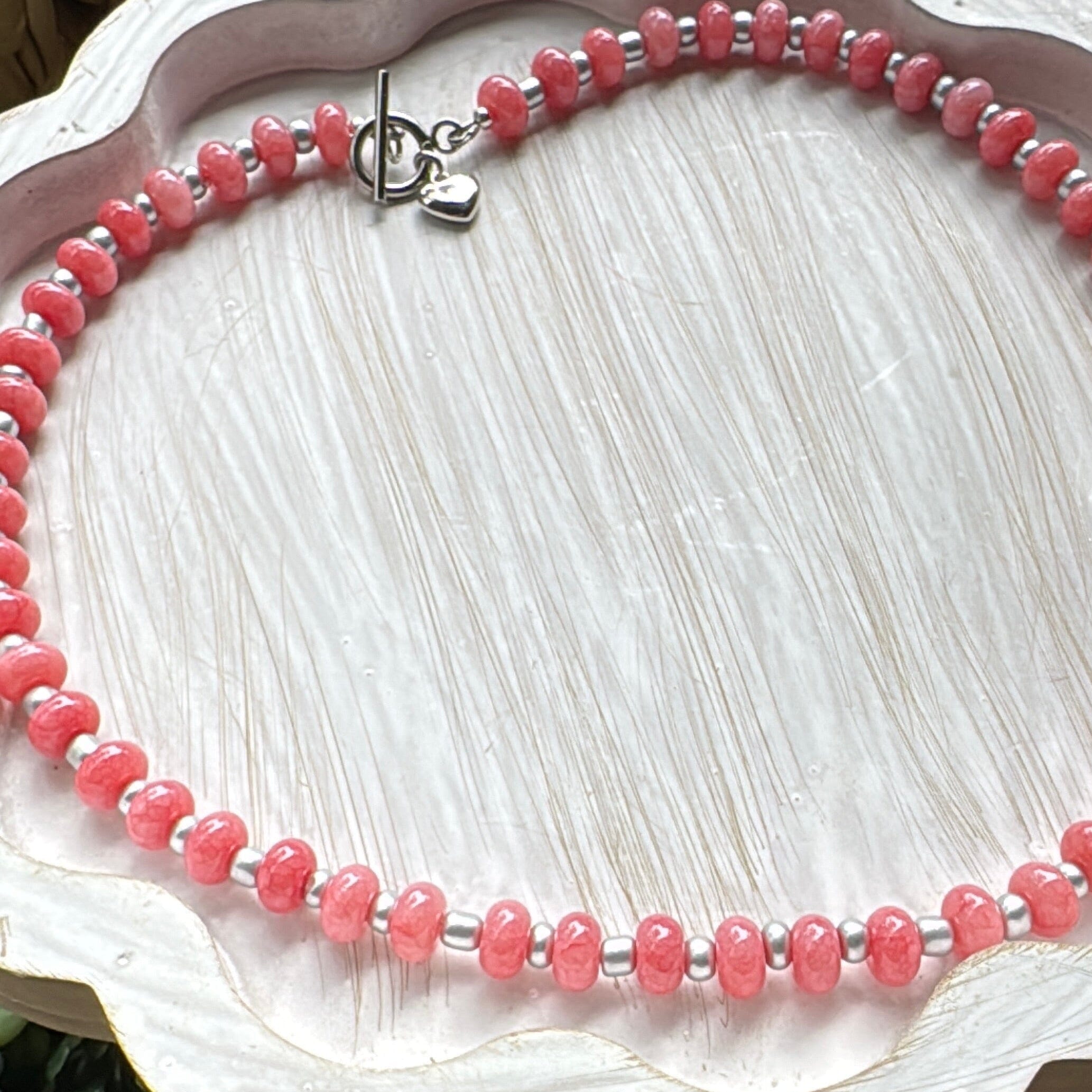 New! 5mm Pink Silver Sky Rondelle Candy Necklace | 16" Women Toggle Clasp Necklace | Stainless Steel Wire Create Hope Cuffs 